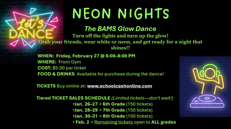 BAMS Neon Nights The BAMS Glow Dance Turn off the lights and turn up the glow! Information