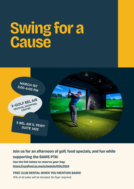 BAMS PTA X-Golf  Bel Air Fundraising Event Flyer