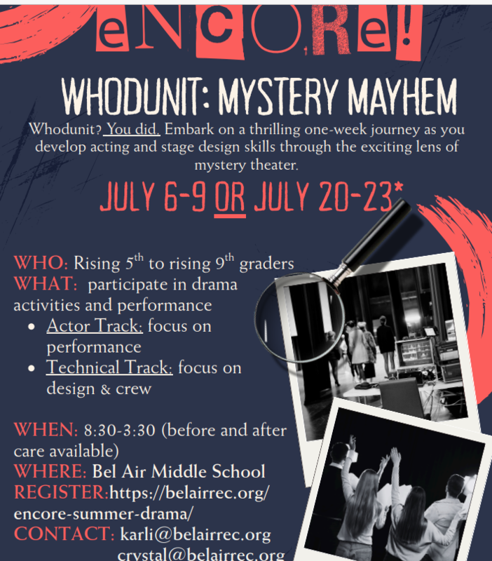 Encore Whodunit: Mystery Mayhem Drama Camp 2026 Flyer