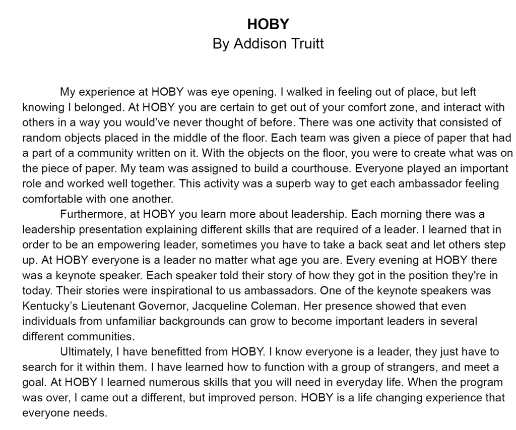 Addison Truitt shares about her KY HOBY Experience. 