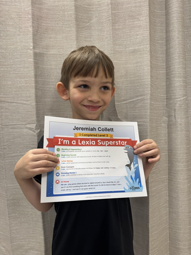 GHES kindergarteners Kaylin Kilbourne, Trinity Whitaker, Arthur Johnson, Caiden Farley, Teigan Simpson, and Jeremiah Collett completed a level of their Lexia program. We are so proud of their hard work. Way to go, superstars! 🤩