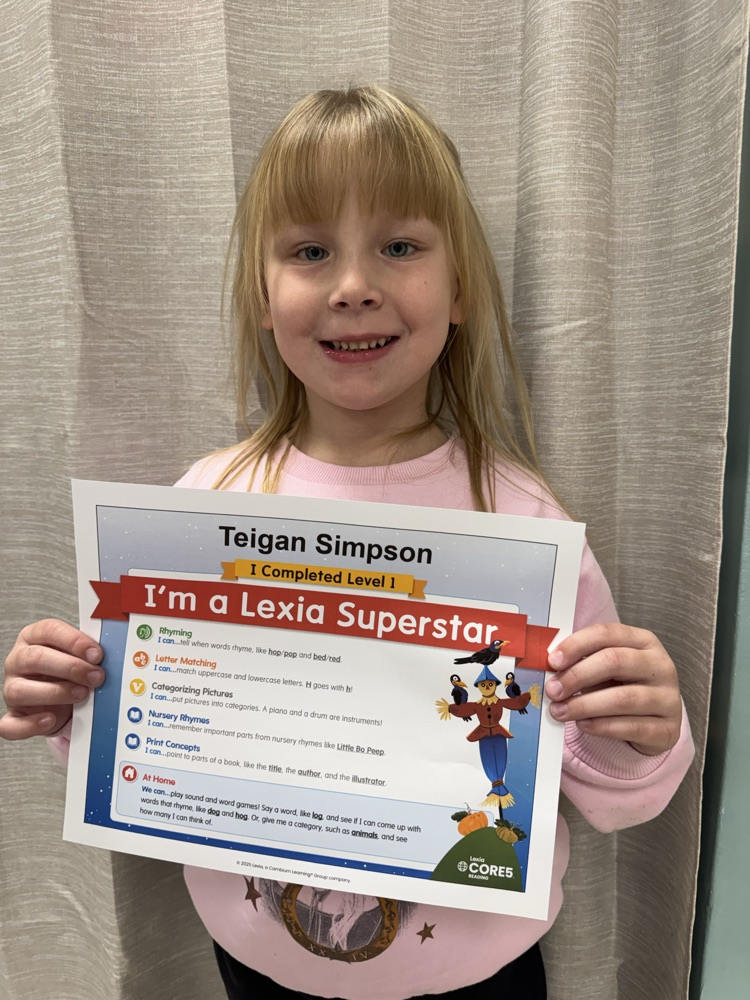 GHES kindergarteners Kaylin Kilbourne, Trinity Whitaker, Arthur Johnson, Caiden Farley, Teigan Simpson, and Jeremiah Collett completed a level of their Lexia program. We are so proud of their hard work. Way to go, superstars! 🤩