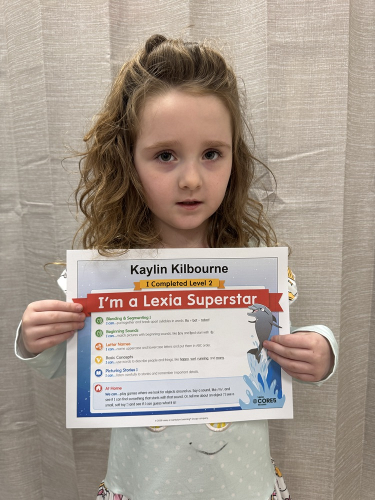 GHES kindergarteners Kaylin Kilbourne, Trinity Whitaker, Arthur Johnson, Caiden Farley, Teigan Simpson, and Jeremiah Collett completed a level of their Lexia program. We are so proud of their hard work. Way to go, superstars! 🤩