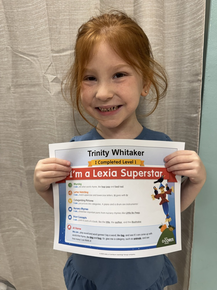 GHES kindergarteners Kaylin Kilbourne, Trinity Whitaker, Arthur Johnson, Caiden Farley, Teigan Simpson, and Jeremiah Collett completed a level of their Lexia program. We are so proud of their hard work. Way to go, superstars! 🤩