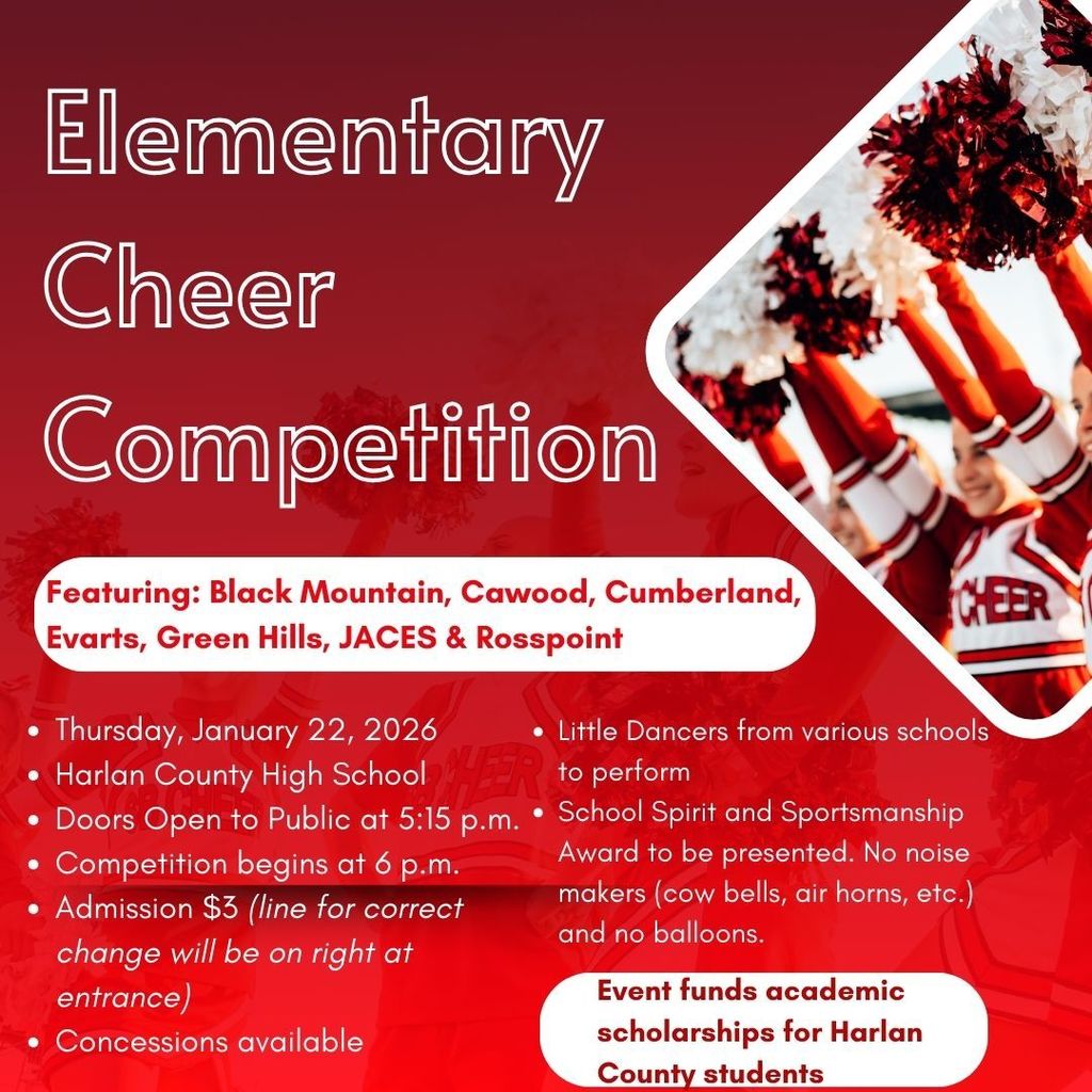 The elementary cheer competition is Thursday evening at Harlan County High School. Come out and support your school's squad.