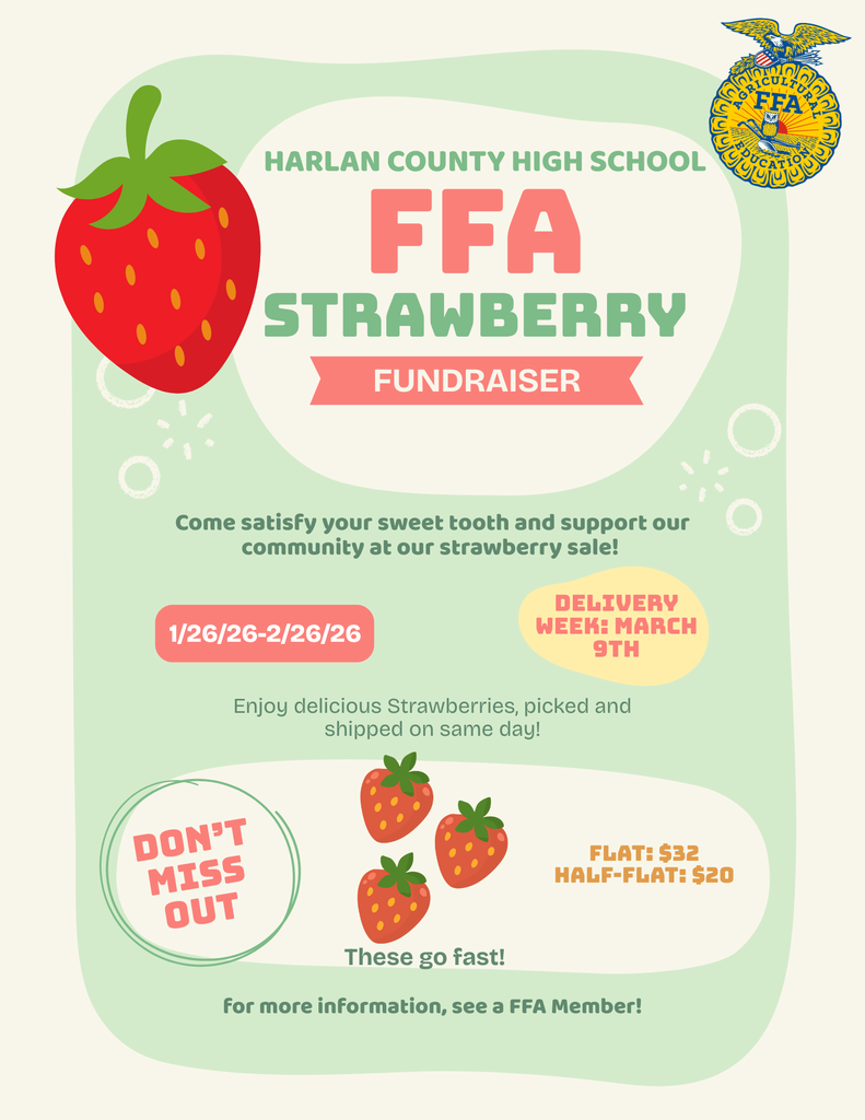Harlan County FFA is selling Flats & Half-Flats of Strawberries fresh from Florida. These berries will be picked and shipped within a 24 hour time frame and will be available to pick-up during the week of March 9th. A flat is 8 quarts and a half-flat is 4 quarts.  Flats are $32 & Half-Flats are $20.