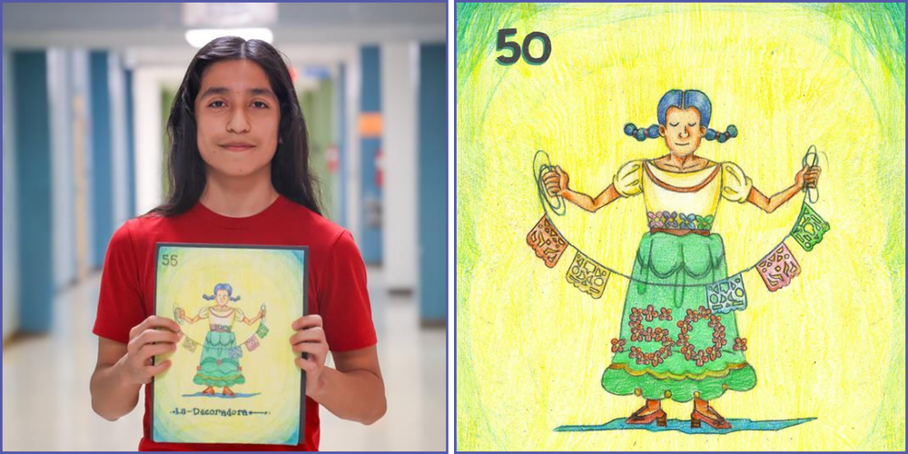 photo of student holding his artwork