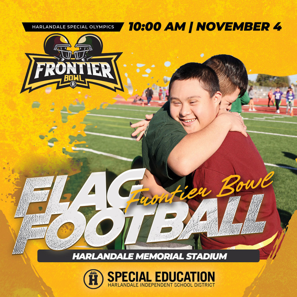 Join us for the Harlandale ISD Special Olympics Frontier Bowl Flag Football Game on Monday, November 4, 2024! Students from Harlandale and McCollum will showcase their incredible skills and sportsmanship in a fun-filled day of friendly competition, proudly hosted by our Special Education Department. This is a fantastic opportunity to come together as a community and cheer on these amazing athletes! 📅: Nov. 4, 2024 🕐: 10:00 AM 📍: Harlandale Memorial Stadium Let’s pack the stands and show our support for all the participants! #HarlandaleLegacy