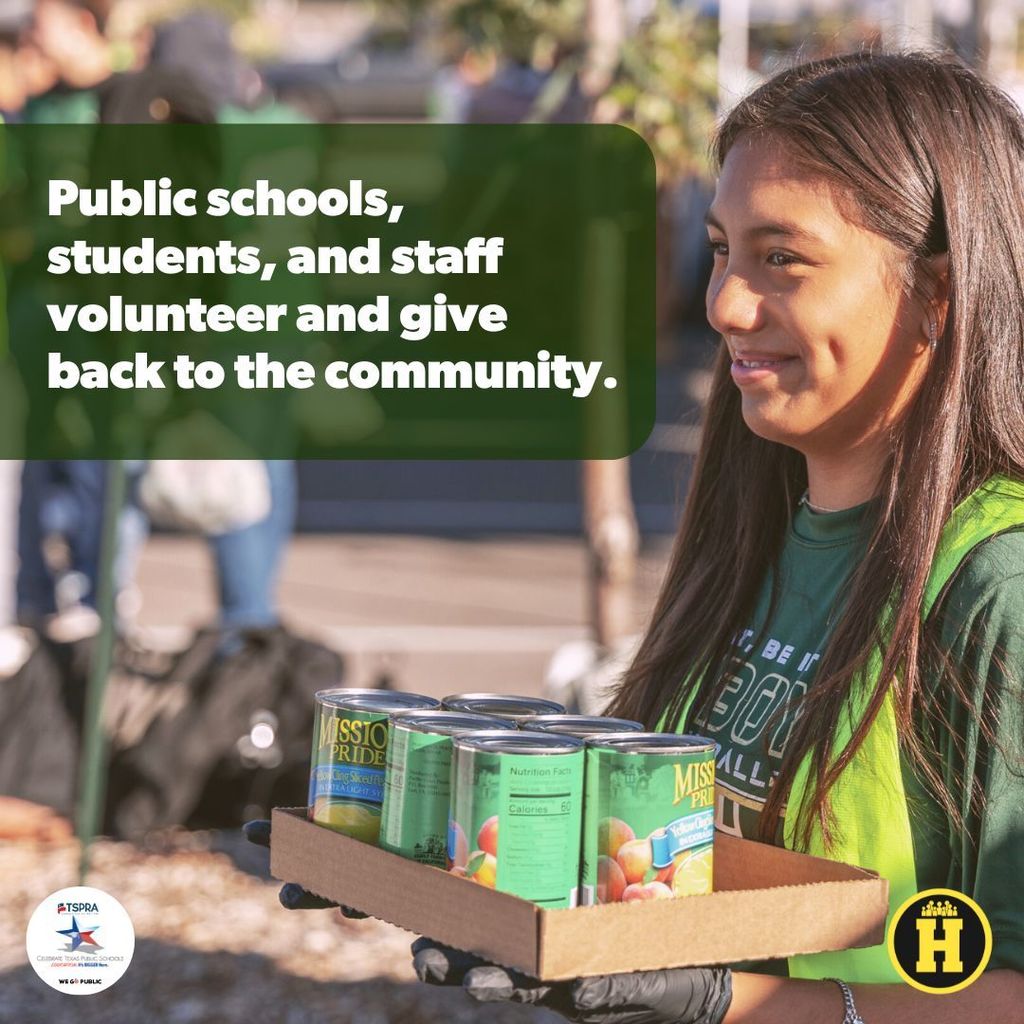 We shine a spotlight on the ways our students connect with the community by serving others. Throughout the year, they volunteer their time and talents to give to organizations.   As Dr. Martin Luther King Jr. once said, "Everybody can be great, because anybody can serve. You only need a heart full of grace. A soul generated by love.”  #CelebrateTexasPublicSchools   Destacamos las formas en que nuestros estudiantes se conectan con la comunidad sirviendo a los demás. A lo largo del año, ofrecen voluntariamente su tiempo y talentos para donarlos a organizaciones.  Como dijo una vez el Dr. Martin Luther King Jr.: "Todos pueden ser grandes, porque cualquiera puede servir. Sólo se necesita un corazón lleno de gracia. Un alma generada por el amor