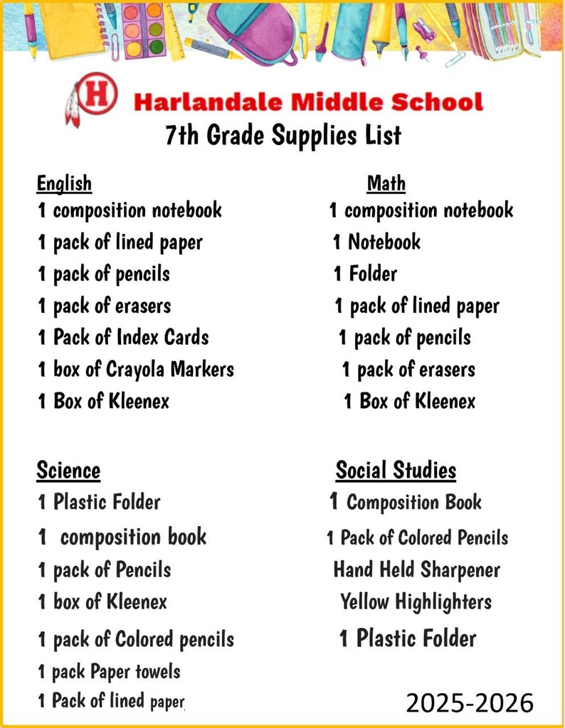 HMS 7th Grade Supply List for 2025-2026