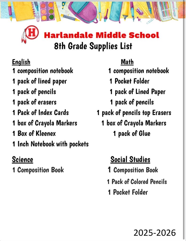 HMS 8th Grade Supply List for 2025-2026