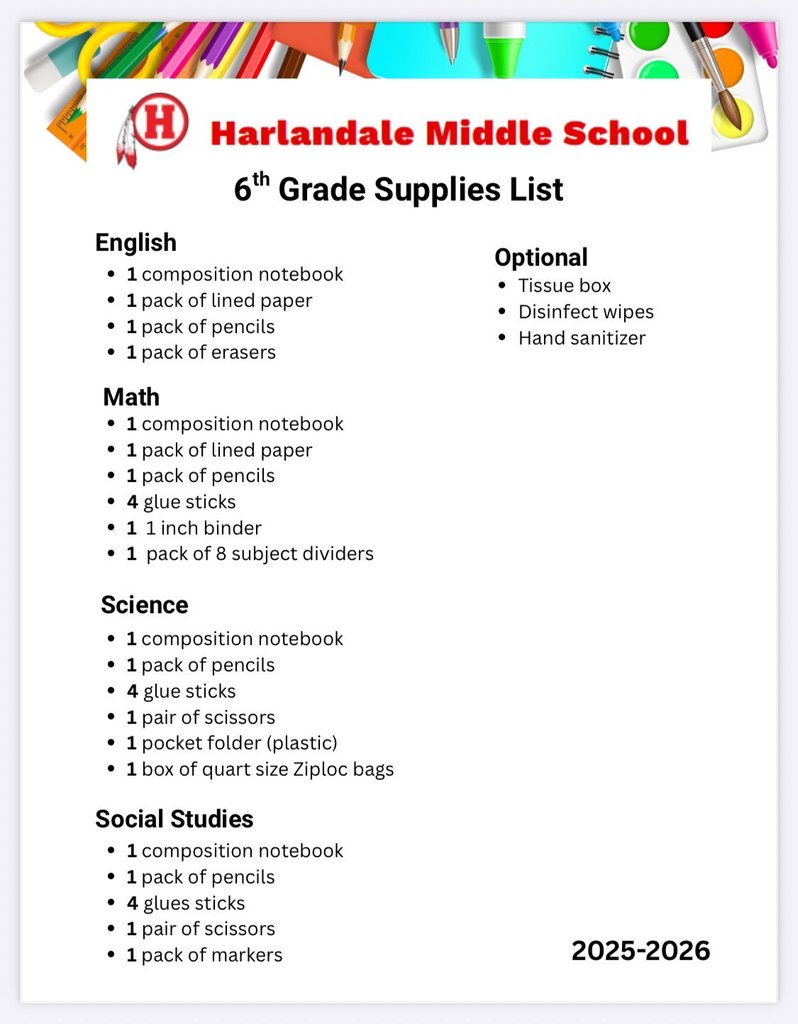 HMS 6th Grade Supply List for 2025-2026