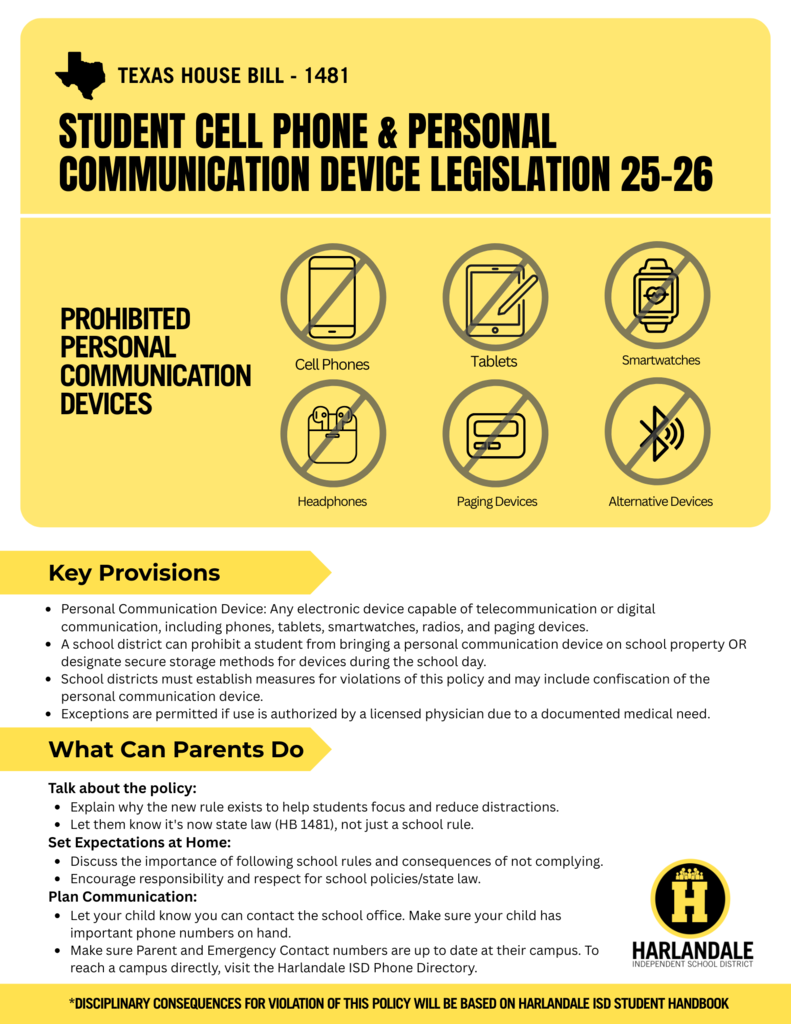 On June 20, 2025, Governor Greg Abbott signed House Bill 1481 into law, limiting student use of personal communication devices—including cell phones, smartwatches, and headphones—during the instructional day across all Texas public schools.  This new state law is designed to minimize distractions, reduce misuse of devices during school hours, and help students stay focused on learning.  Harlandale ISD’s updated guidelines reflect this legislation and go into effect for the 2025–26 school year. 📲 Review the flier below for what’s prohibited and how you can help your child be prepared.