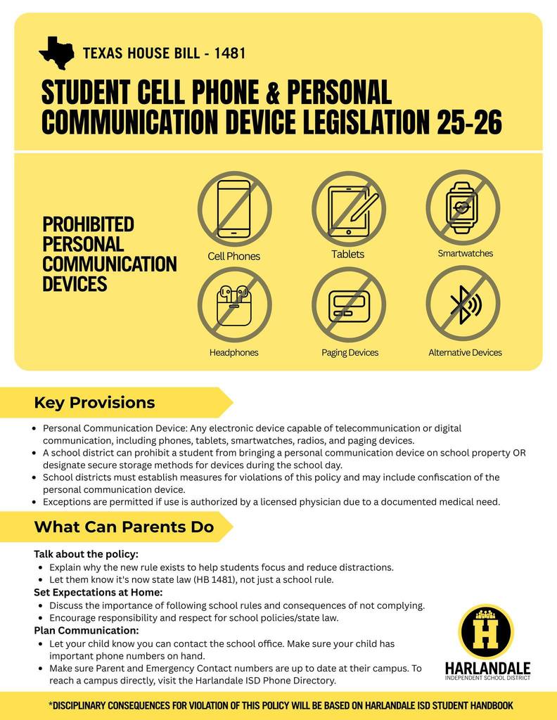 Texas House Bill 1481 Student cell phone and personal communication device legislation 25-26 English