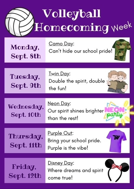 Volleyball Homecoming Week. September 8th- September 12th.