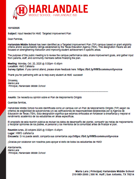 HMS Town Hall Meeting Letter English and Spanish 