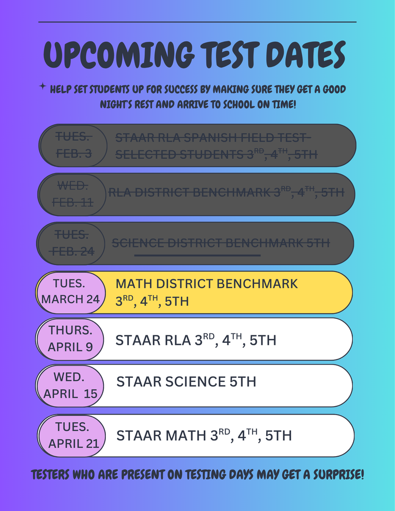 list of testing dates for the spring semester at Vestal Elementary