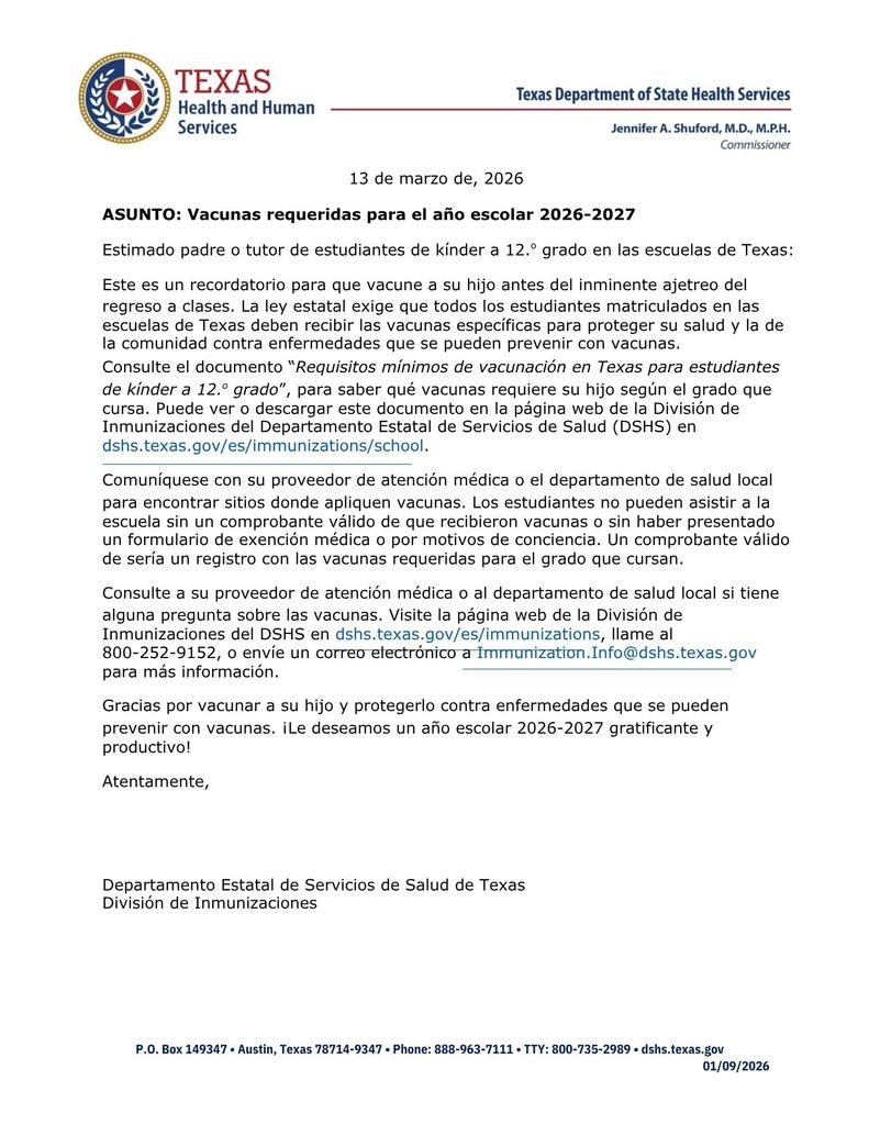 Immunization Letter- Spanish