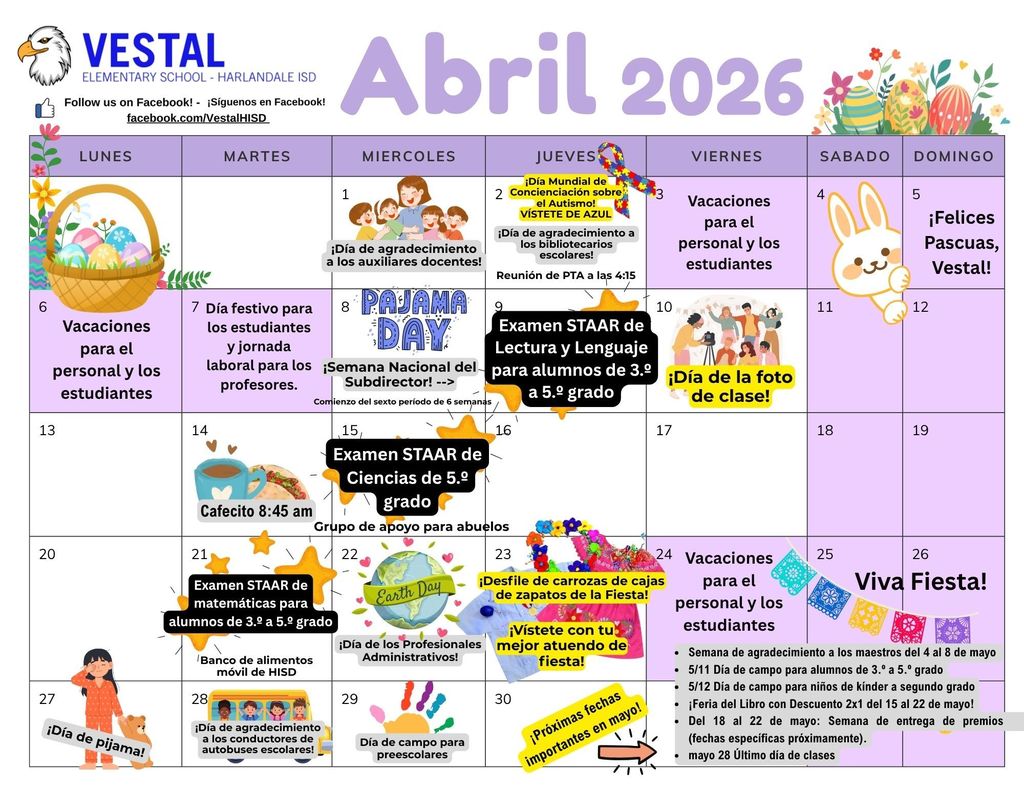 april calendar of events at Vestal in spanish