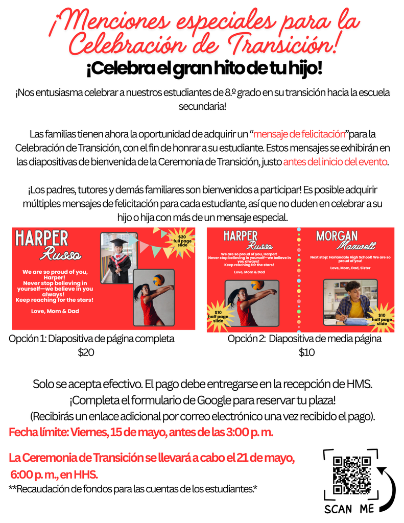 8th grade Bridging Ceremony Shout-out Spanish 