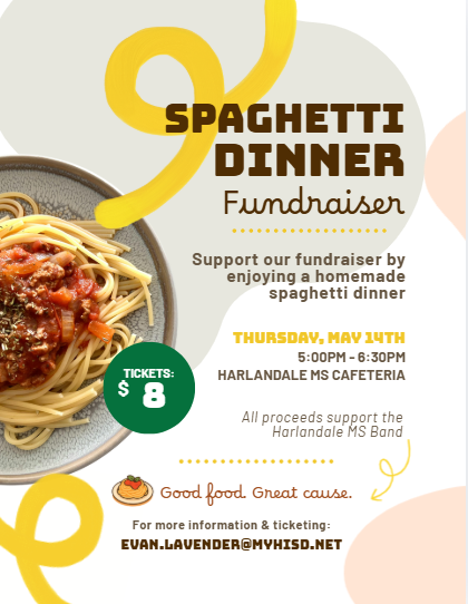 HMS Band Spaghetti Dinner Fundraiser May 14th from 5 - 6:30pm at the HMS Cafeteria