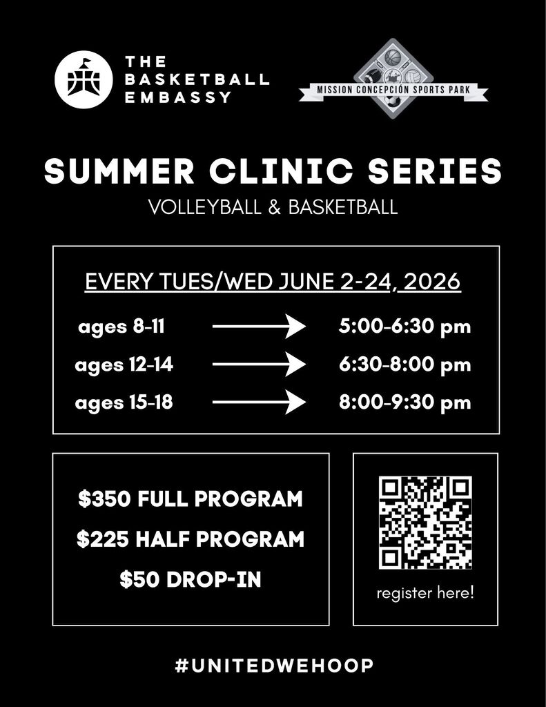 Looking for a way to keep your child active and building new skills this summer? The Basketball Embassy is hosting a Summer Clinic Series for basketball and volleyball at Mission Concepción Sports Park from June 2-24 for ages 8-18. Led by experienced coaches, these clinics focus on skill development, confidence, leadership and creating a positive environment for young athletes to grow both on and off the court. Sessions take place every Tuesday and Wednesday throughout June. Register here: The Basketball Embassy Summer Clinics Learn more: The Basketball Embassy Website Who’s ready to hit the court this summer?