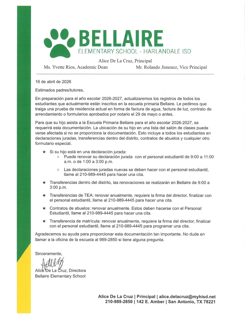 Documents Needed Letter- Spanish