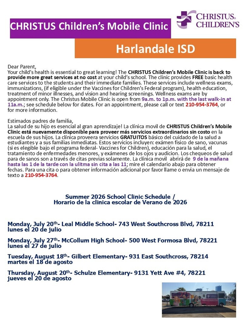 Harlandale ISD Summer 2026 Clinic Calendar 