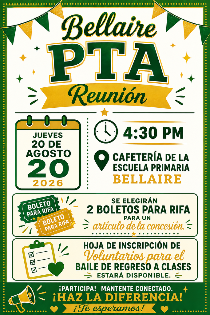 PTA meeting flyer with details (Spanish)