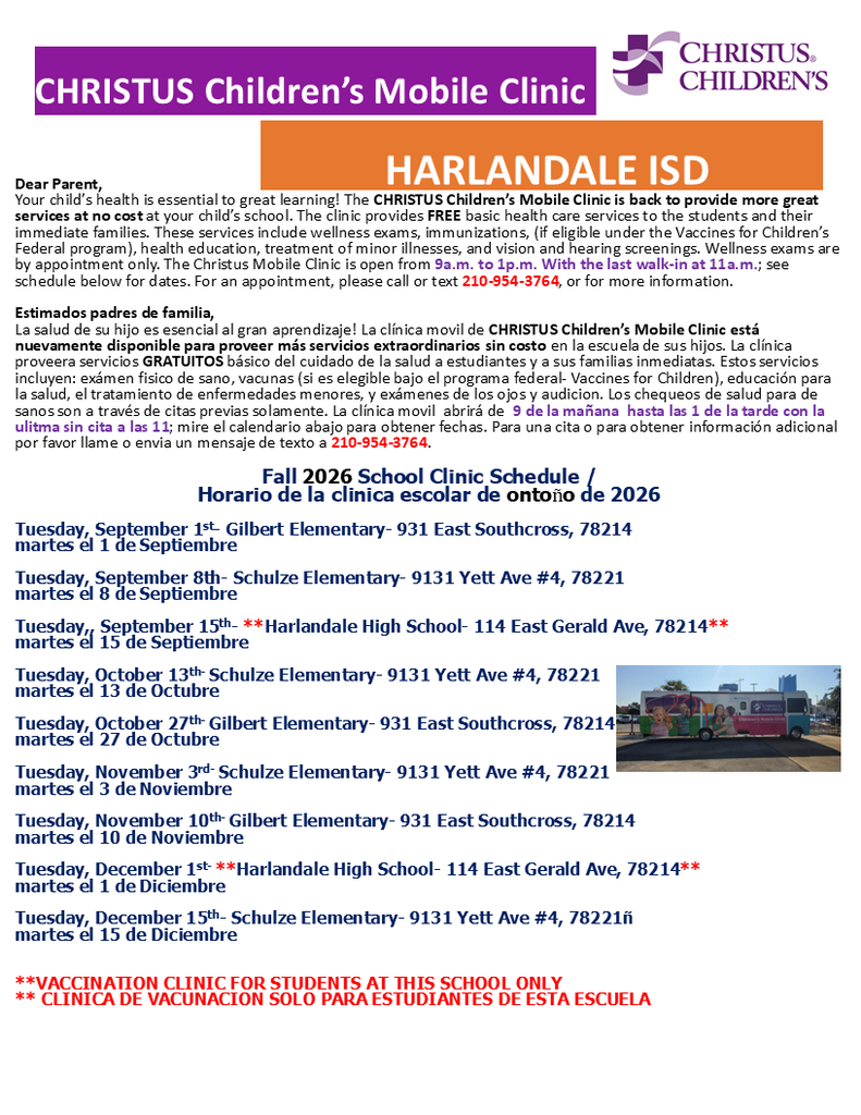 Harlandale ISD Fall 2026 Calendar Christus Mobile Health Clinic