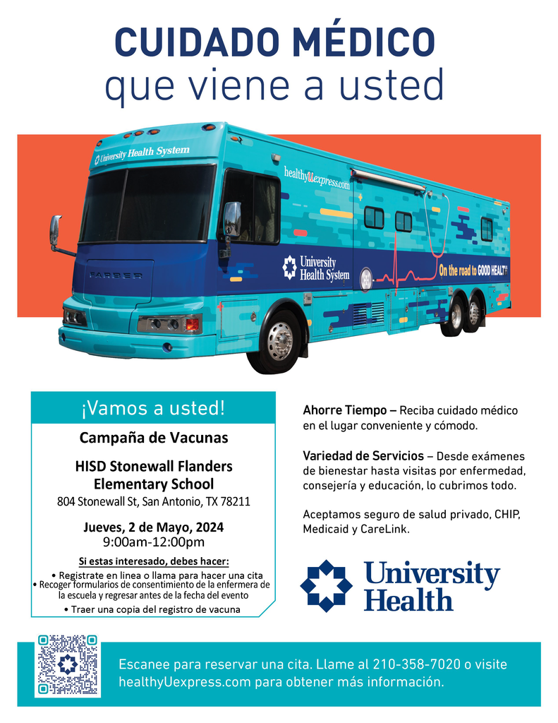 Harlnadale ISD is hosting an immunization drive at Stonewall Flanders Elementary School on Thursday, May 2nd, from 9:00 AM to 12:00 PM. ⏰ This is a convenient opportunity to get your child up-to-date on vaccinations, wellness exams, and more! Here's what you can get: Vaccinations Wellness Exams 🩺 Sick Visits Counseling and Education Location: Stonewall Flanders Elementary School (804 Stonewall St, San Antonio, TX 78211) Important Information: Registration Required! Schedule your appointment online or by calling the Harlnadale ISD health office. Pick up mandatory consent forms from the school nurse's office before your appointment. Sign and return them completed. Bring a copy of your child's most recent immunization records. Don't miss this chance to ensure your child's health!