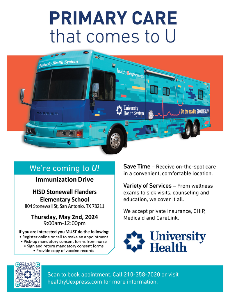 Harlnadale ISD is hosting an immunization drive at Stonewall Flanders Elementary School on Thursday, May 2nd, from 9:00 AM to 12:00 PM. ⏰ This is a convenient opportunity to get your child up-to-date on vaccinations, wellness exams, and more! Here's what you can get: Vaccinations Wellness Exams 🩺 Sick Visits Counseling and Education Location: Stonewall Flanders Elementary School (804 Stonewall St, San Antonio, TX 78211) Important Information: Registration Required! Schedule your appointment online or by calling the Harlnadale ISD health office. Pick up mandatory consent forms from the school nurse's office before your appointment. Sign and return them completed. Bring a copy of your child's most recent immunization records. Don't miss this chance to ensure your child's health!