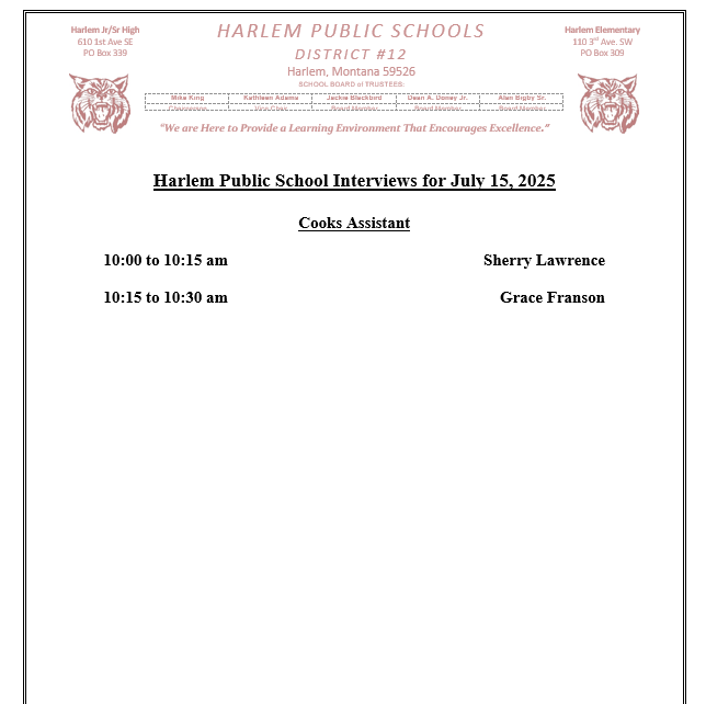 Harlem Public School interviews for July 15, 2025