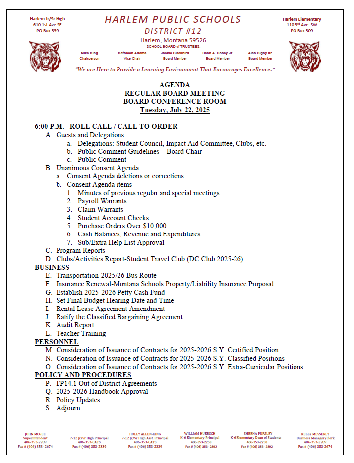 agenda for board meeting harlem public schools July 22, 2025