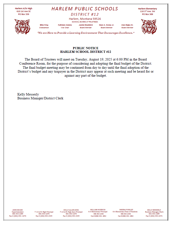 public notice for considering and adopting the final budget for the district on August 19, 2025