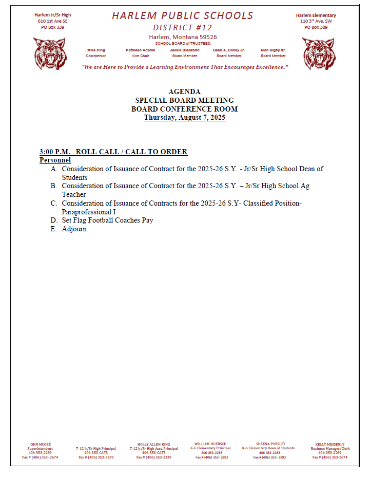 special board meeting agenda for August 7, 2025 at 3:00 pm