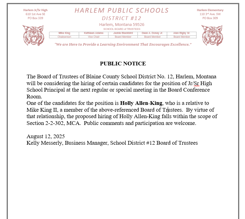 public notice for nepotism posting for August 12, 2025