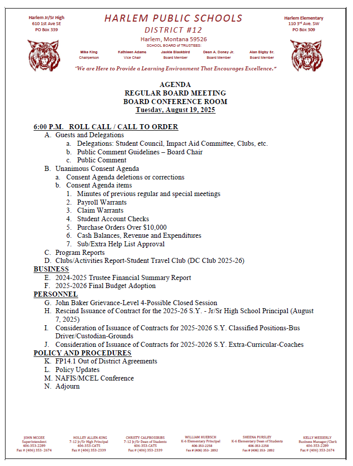 harlem public school agenda for regular board meeting August 19, 2025