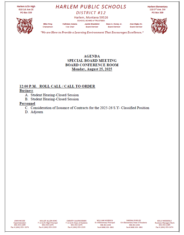 special board meeting for August 25, 2025