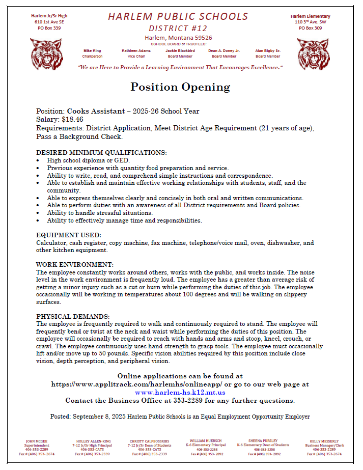 cooks assistant position opening for September 8, 2025