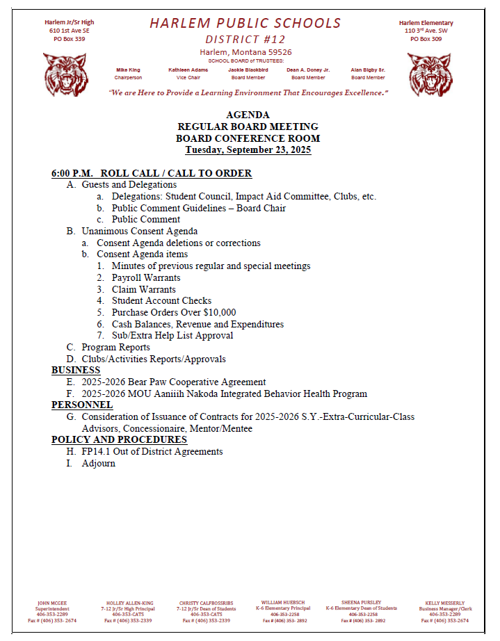 regular board agenda for 9/23/25