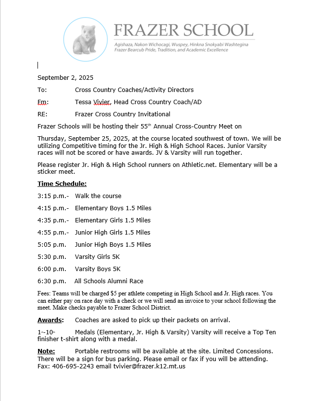 frazer school cross country meet times for September 25, 2025
