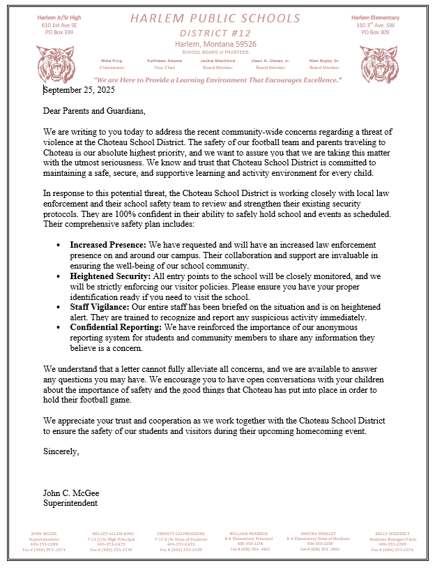 letter from superintendent John McGee regarding Fridays game with Choteau 9/26/25