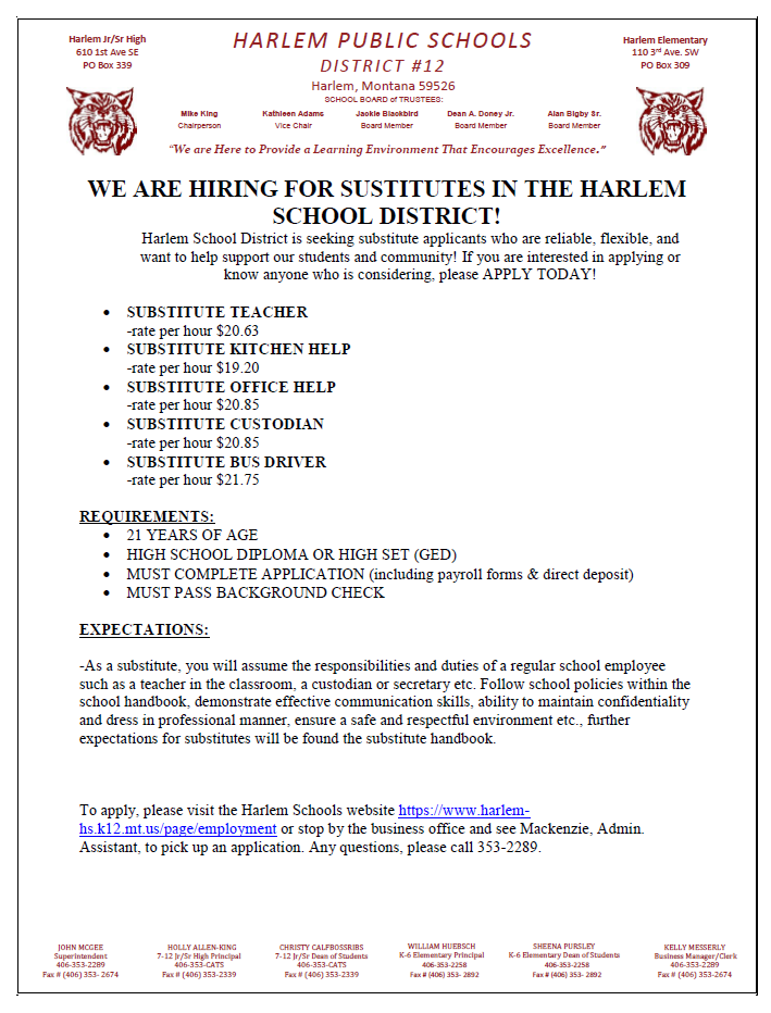 hiring for substitutes for the harlem school district october 1, 2025