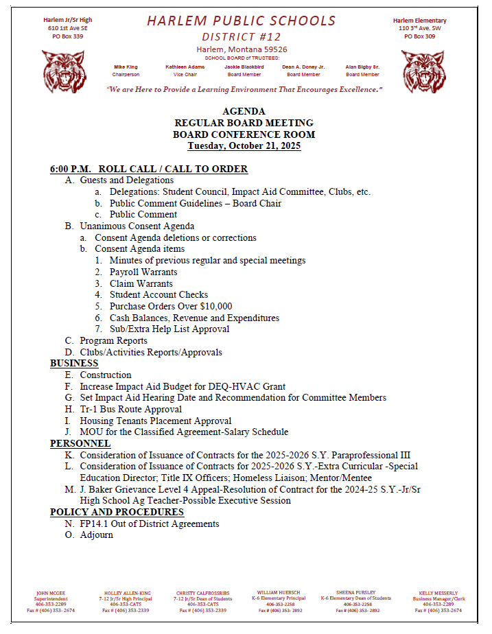 agenda for board meeting on October 21, 2025 in board conference room 