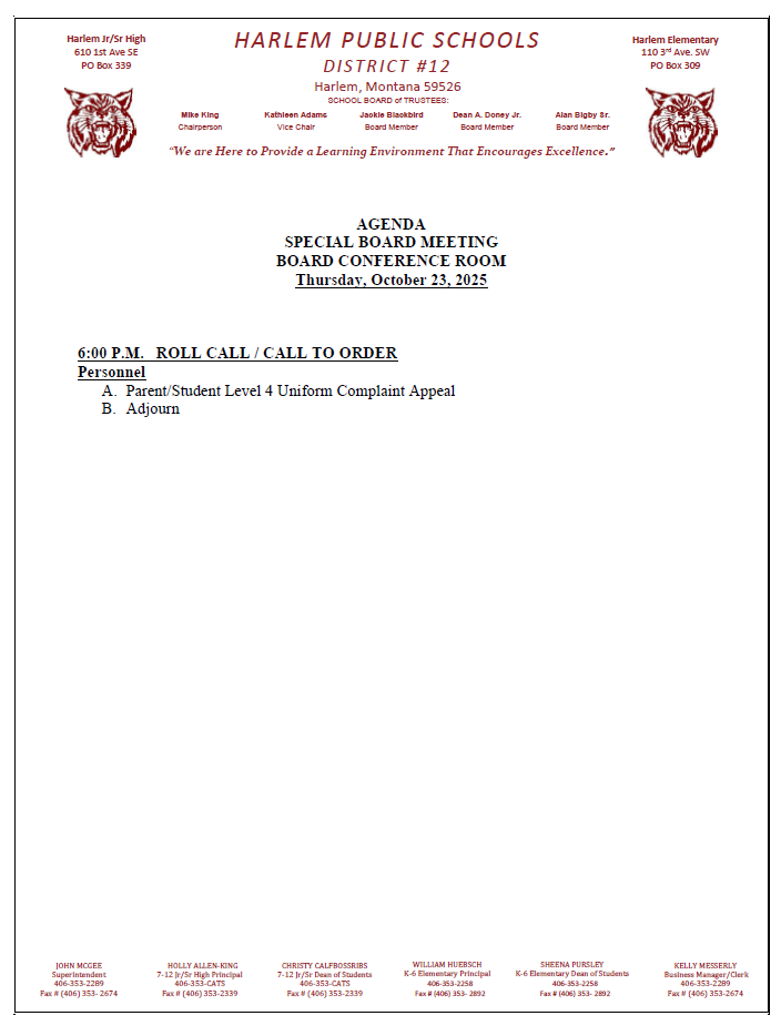 Special board meeting agenda for October 23,2025