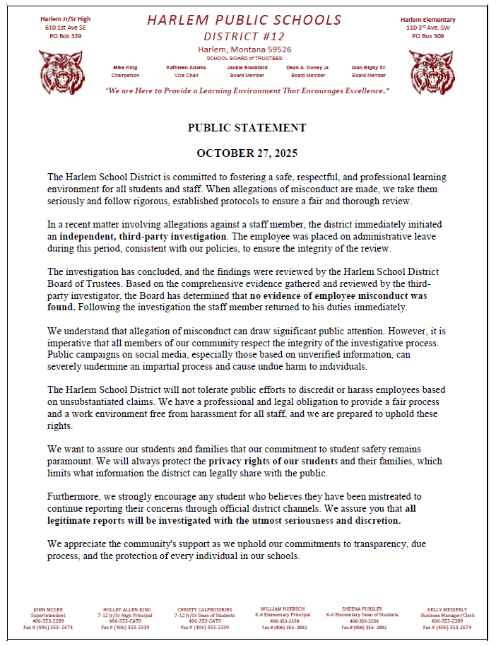 public statement from superintendent John McGee 10.27.25