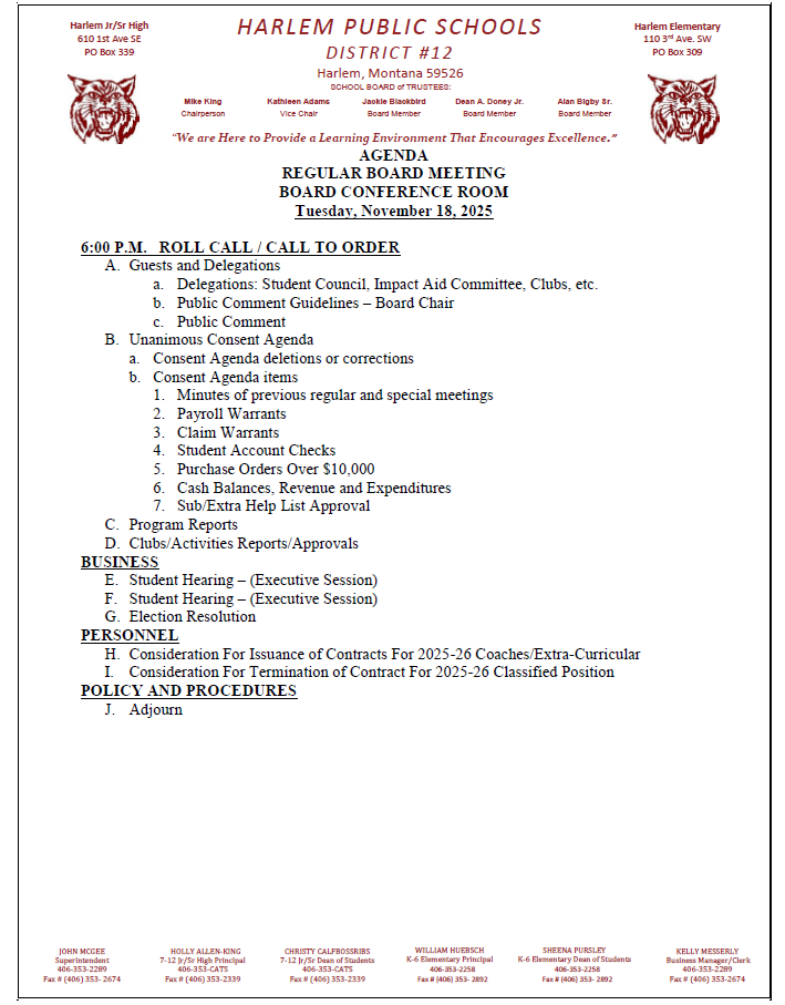 agenda for regular board meeting for November 18, 2025 at 6 pm