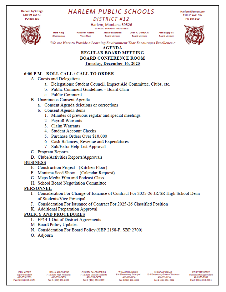 agenda for regular board meeting on December 16, 2025