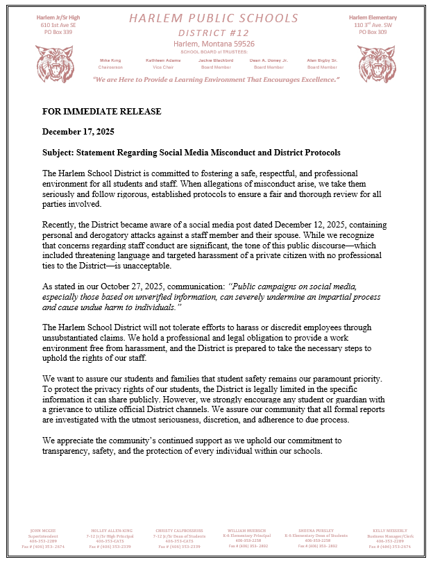 public statement from superintendent John McGee. December 17, 2025